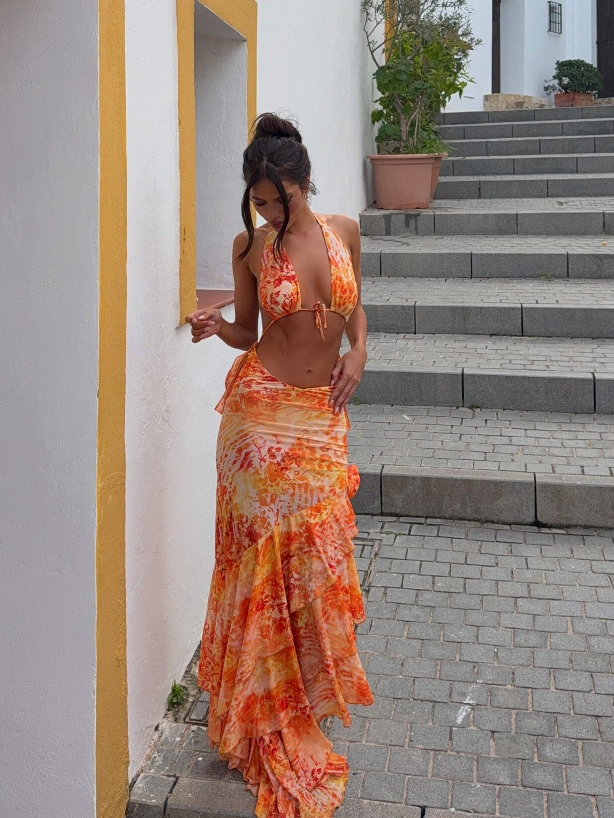 chinese dress ladies Women's Orange Print Casi Maxi Dress Calile in Size XL by Outcast