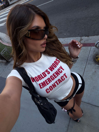 EMERGENCY CONTACT BABY TEE WHITE