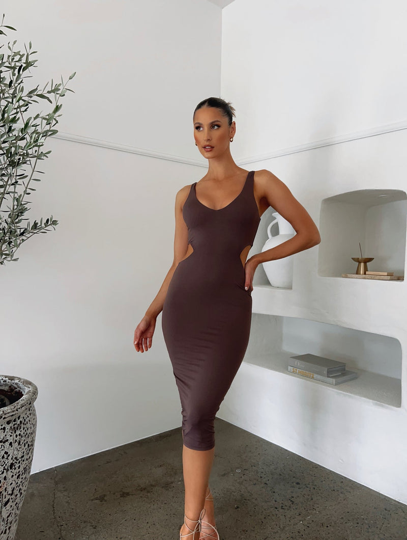 POPPY MIDI DRESS MOCHA - OUTCAST EXCLUSIVES Midi Dress 