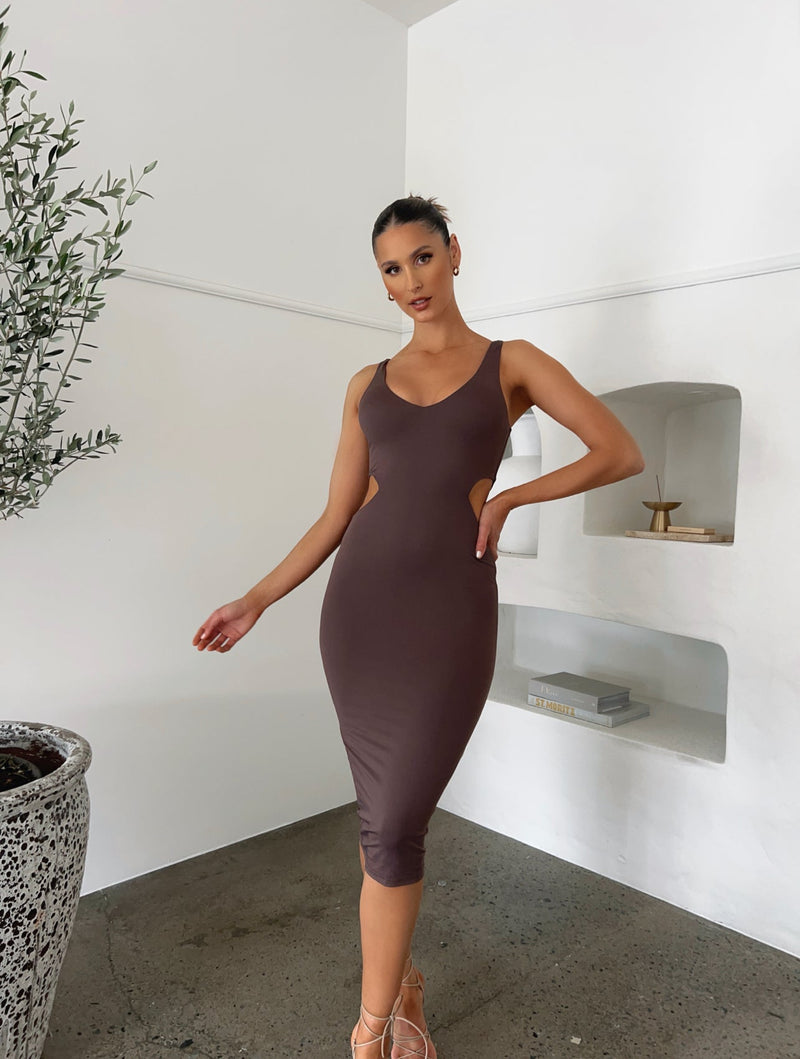 POPPY MIDI DRESS MOCHA - OUTCAST EXCLUSIVES Midi Dress 