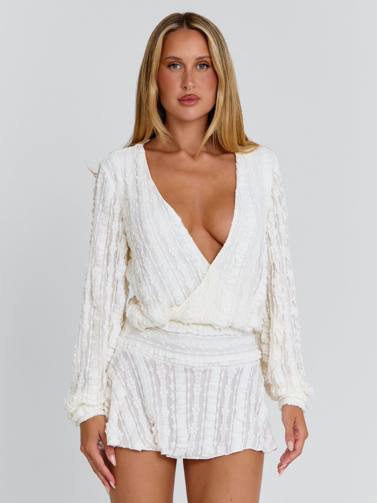 long sleeve cream mini dress Women's Beige Izzy in Size Medium by Outcast Ava Presley Satin Corset Scalloped lace trim accents Flavor:Thousand Island 2024week25