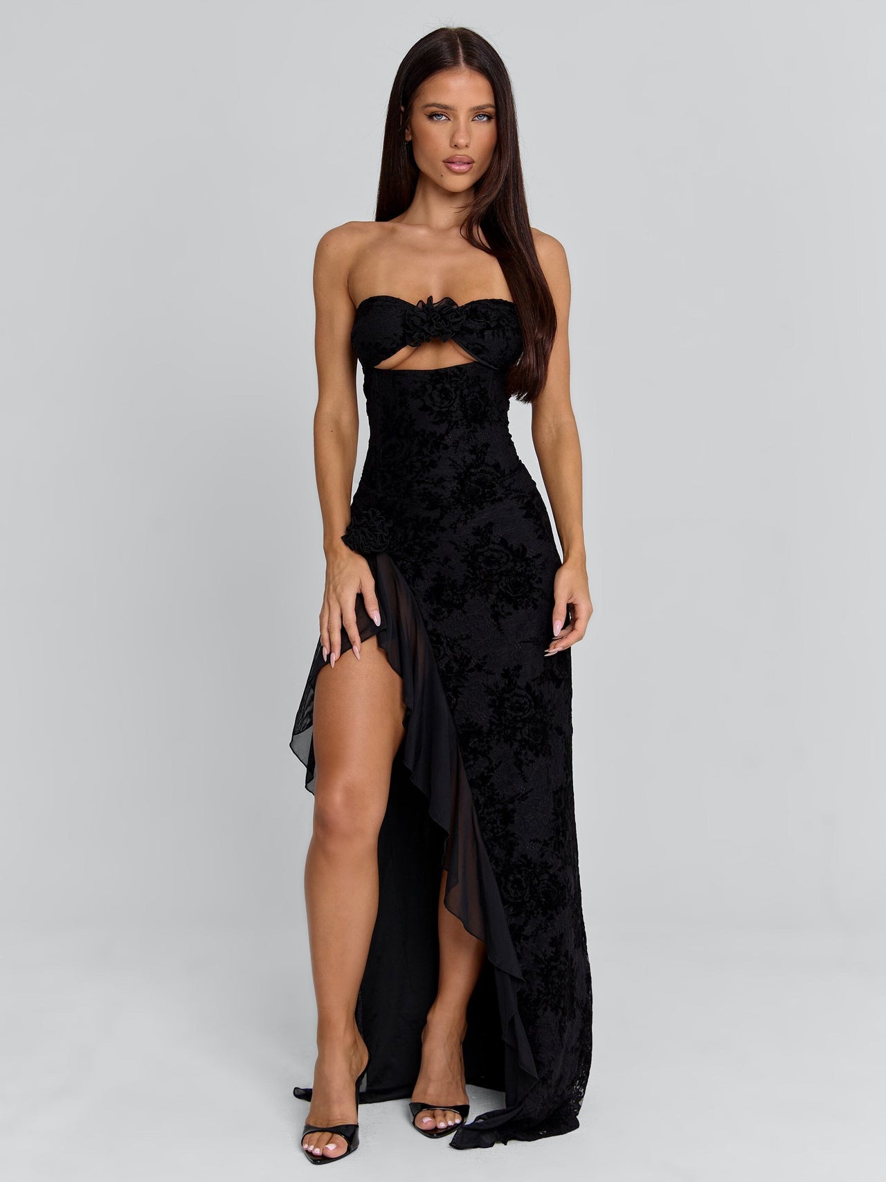 fitted lace wedding dress Black Sleeveless Lace Up Sides Double Slit Maxi Dress main image 1