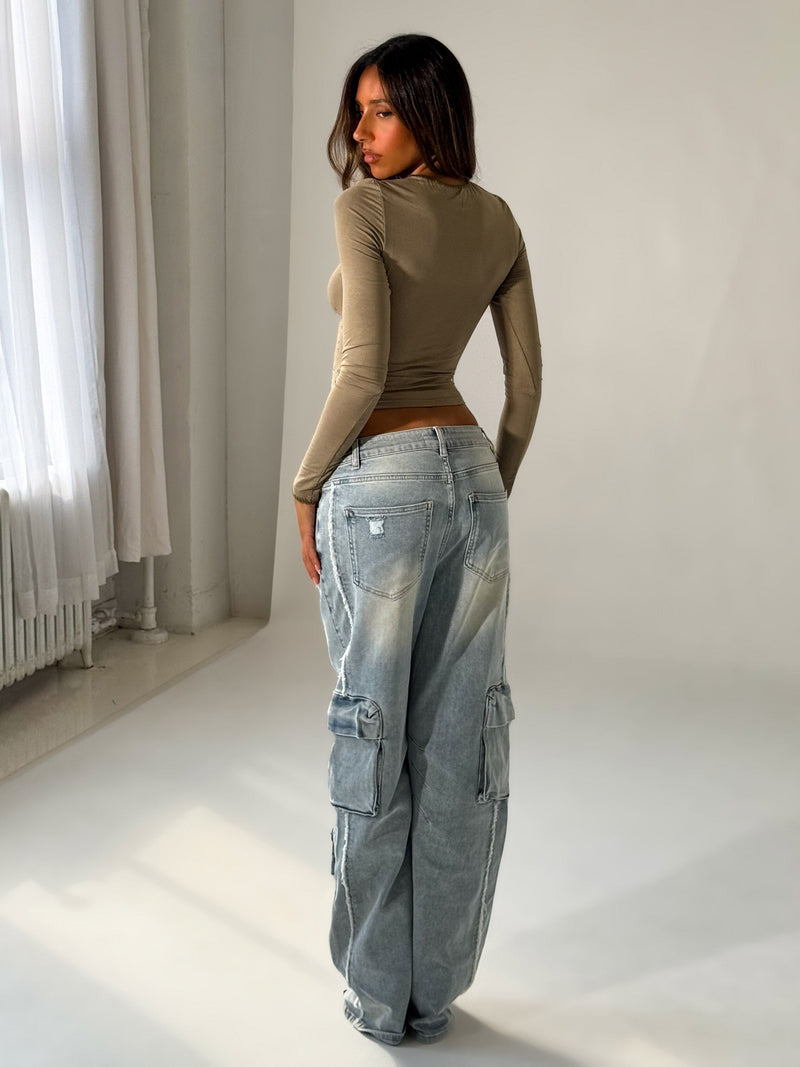 ZINNIA LONG SLEEVE TOP KHAKI Crop Top 