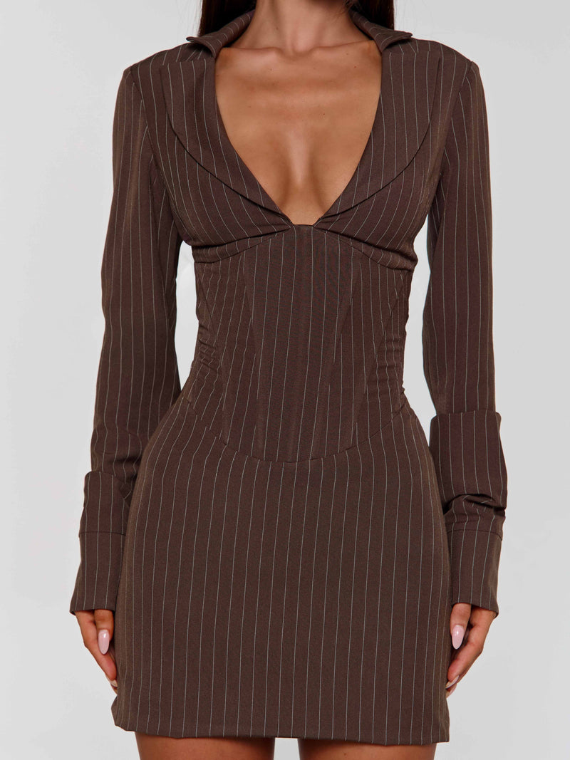 KESSIA MINI DRESS BROWN PINSTRIPE Mini Dress 