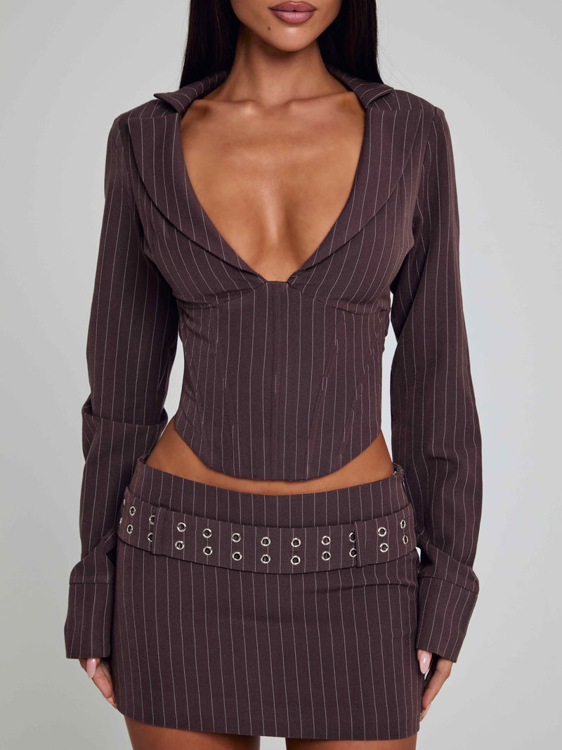 KESSIA MINI SKIRT BROWN PINSTRIPE Mini Skirt 