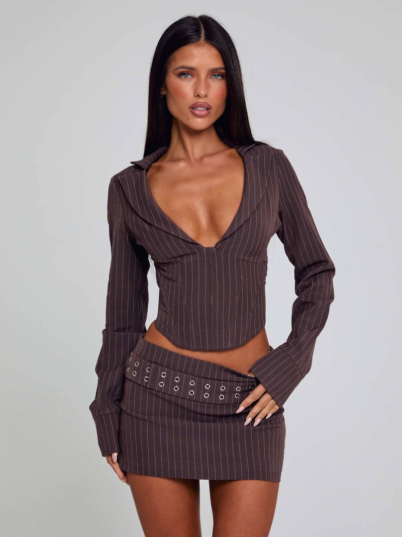 KESSIA MINI SKIRT BROWN PINSTRIPE Mini Skirt 