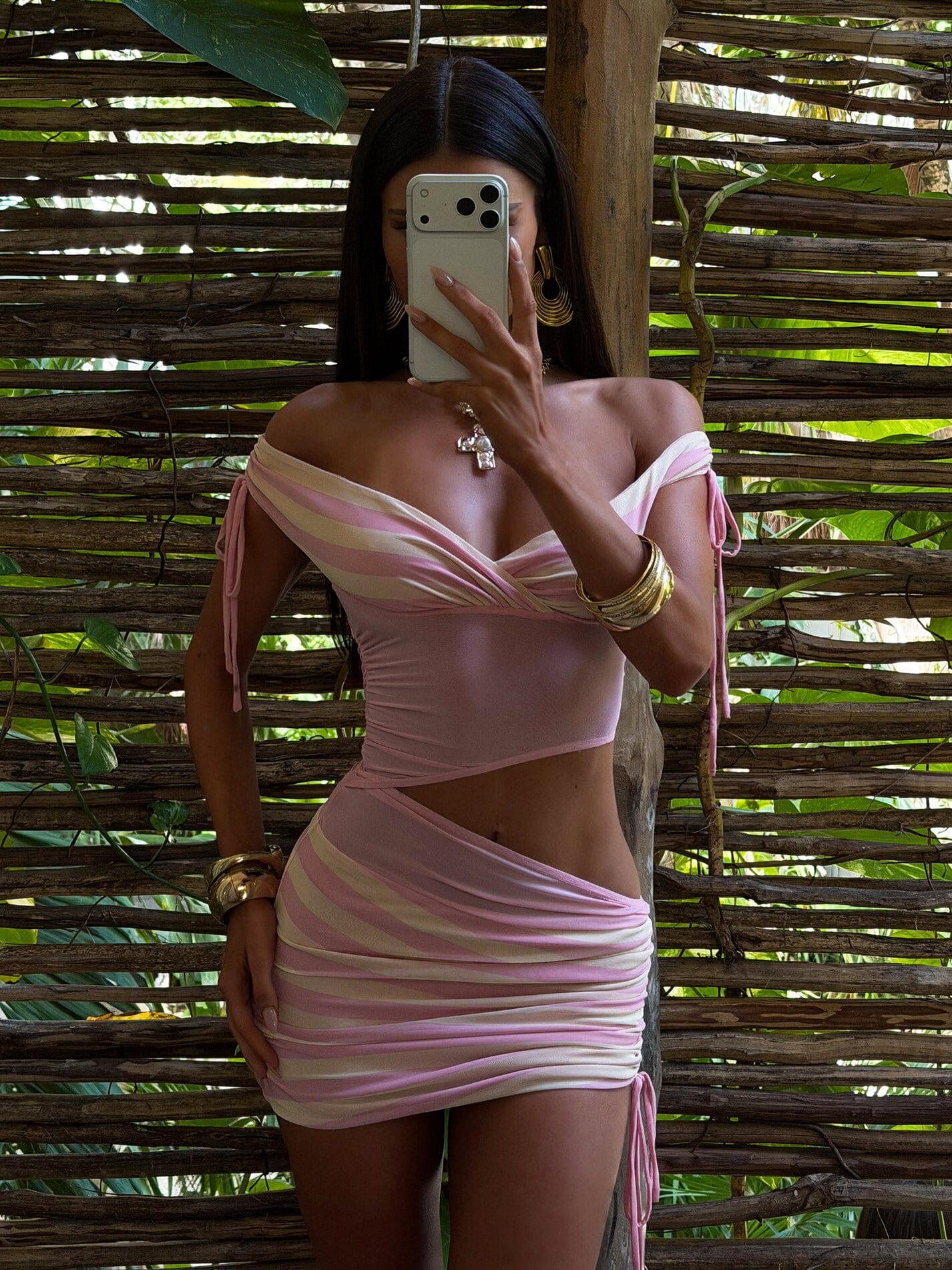 leona mini dress blush 'Women''s Pink Print Pink Stripe in Size Small by Outcast' 1950s Halterneck Dress Spots while the draped frill VENDOR COLOR-CREAM RED STRIPE Core Colors:Natural/White Gingham
