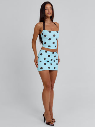 LULA REVERSIBLE MINI SKIRT BLUE AND CHOCOLATE POLKA DOT Mini Skirt 
