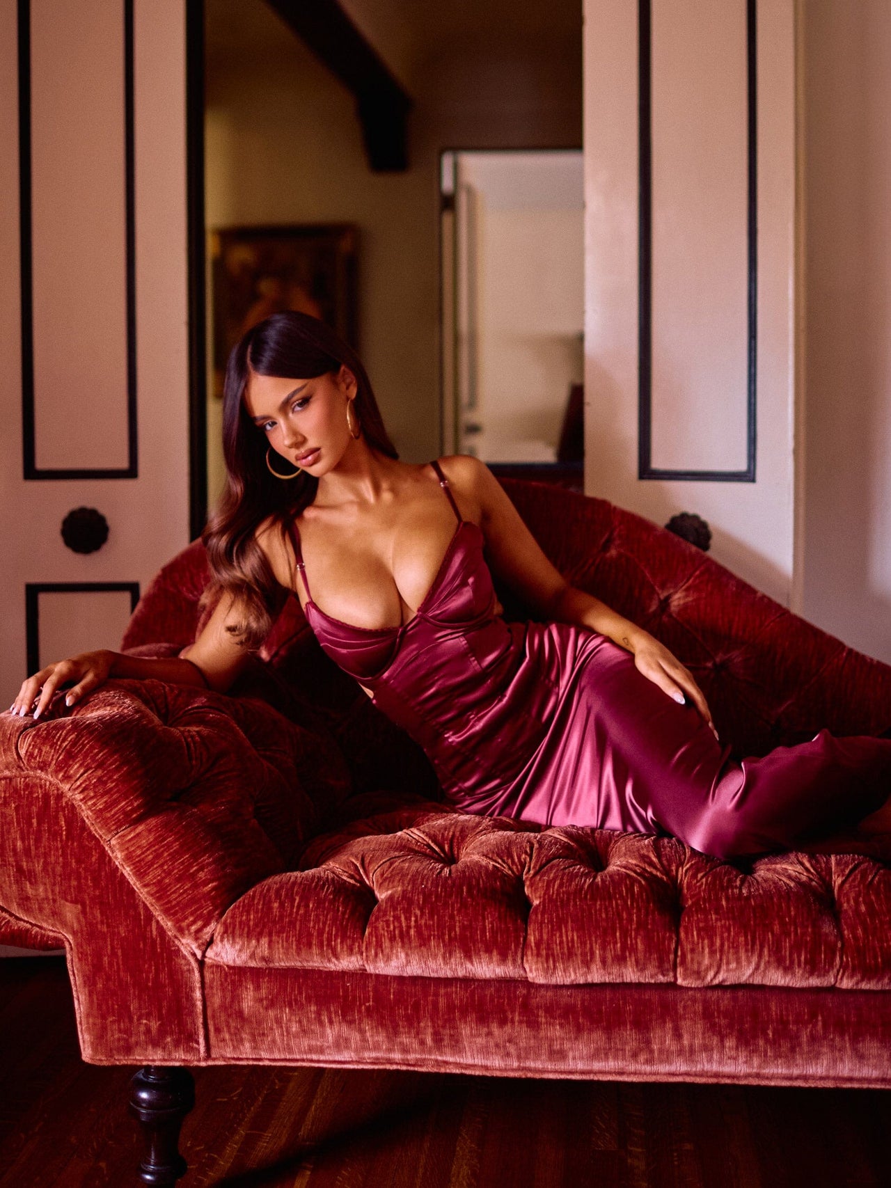 what color lipstick goes with a burgundy dress Serena Bute London Satin Midi Dress with Lace Hem