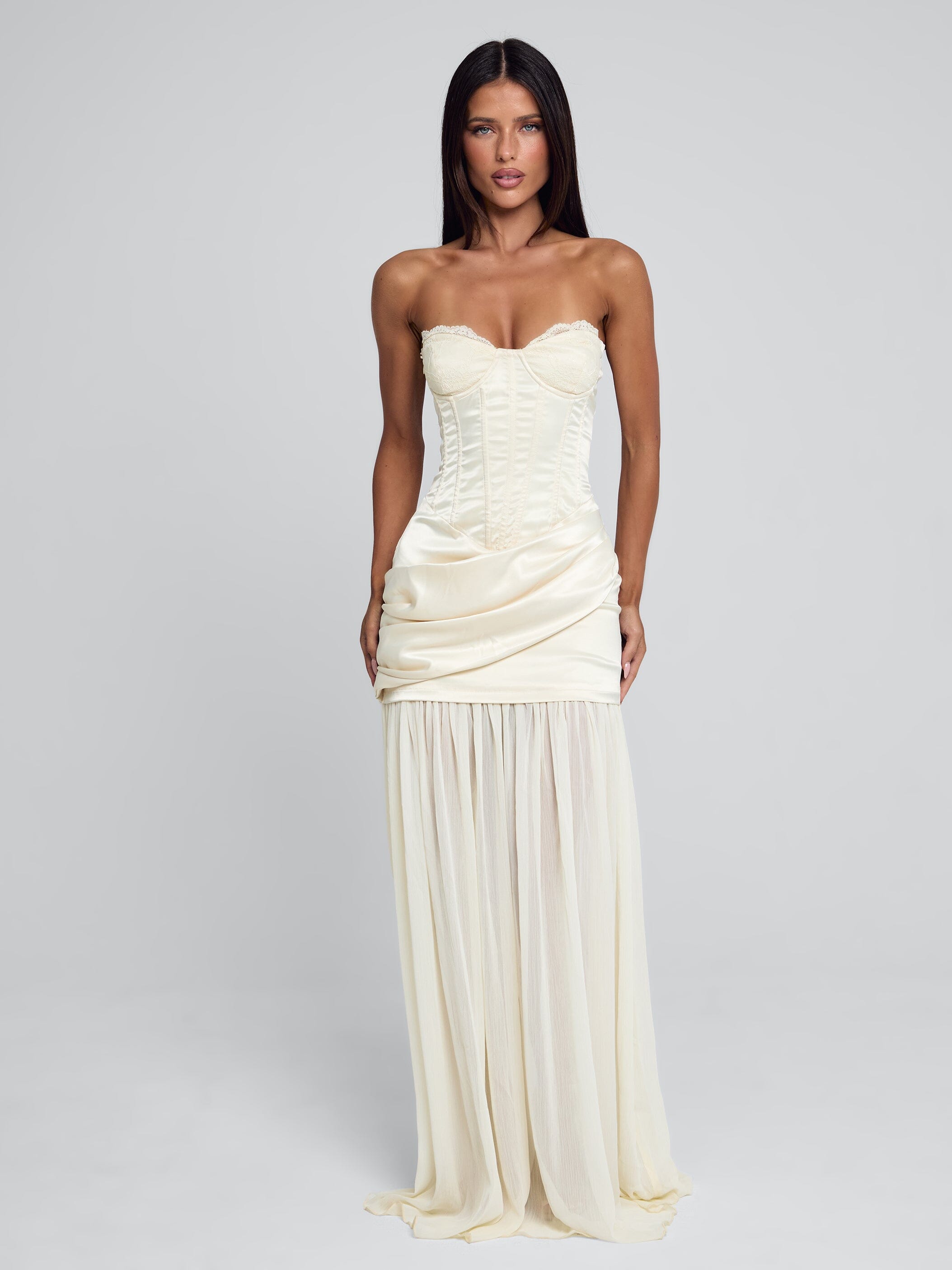 ivory floor length dress Leila Satin Corset Maxi Dress / Ivory | MESHKI main image 1