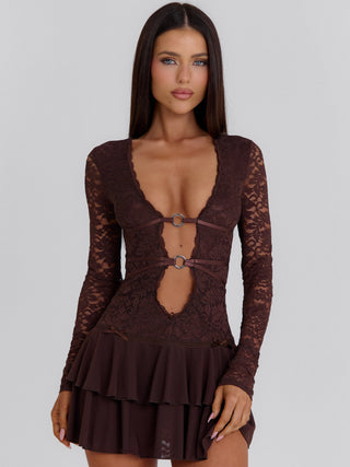 SANTANA LONG SLEEVE MINI DRESS CHOCOLATE Mini Dress 