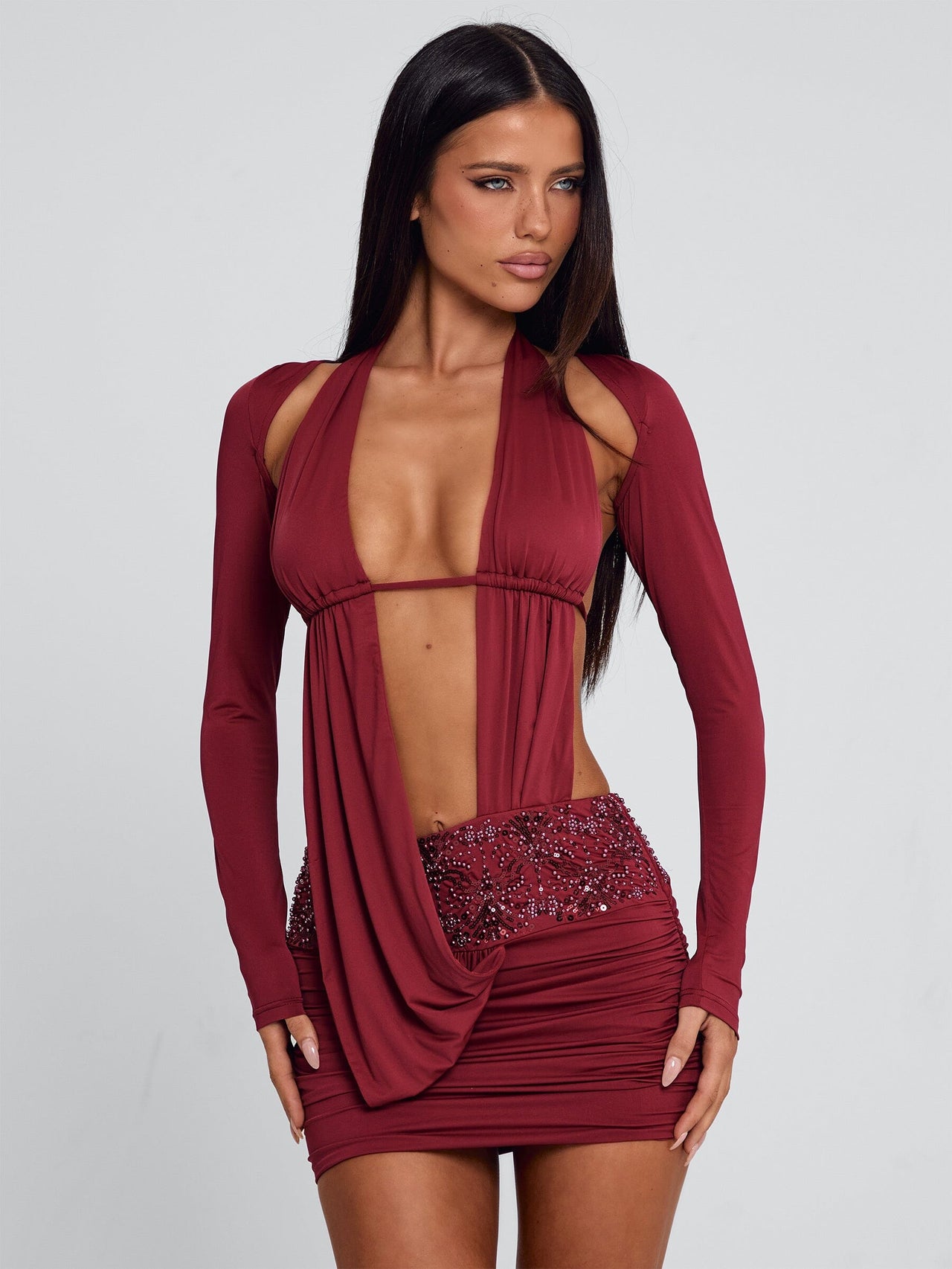 princess polly baby blue dress Burgundy Mini Dress With Bell Sleeves: Pre-order – SYLEND main image 0